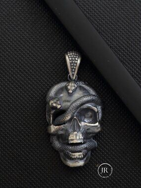 Skull & Snake Pendant • .925 Sterling Silver • Detailed Oxidized Antique Finish